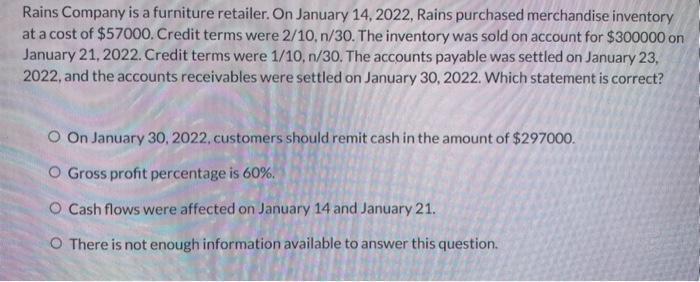 Rains Company is a furniture retailer. On January 14,2022 , Rains purchased merchandise inventory at a cost of ( $ 57000 )
