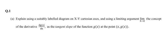 (a) Explain using a suitably labelled diagram on X-Y cartesian axes, and using a limiting argument ( lim _{h rightarrow 0}