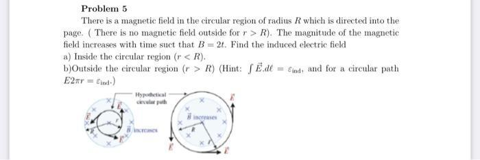 Problem 5 There is a magnetic field in the circular region of radius ( R ) which is directed into the page. ( There is no m