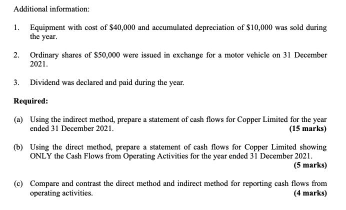 Additional information: 1. Equipment with cost of $40,000 and accumulated depreciation of $10,000 was sold during the year. 2