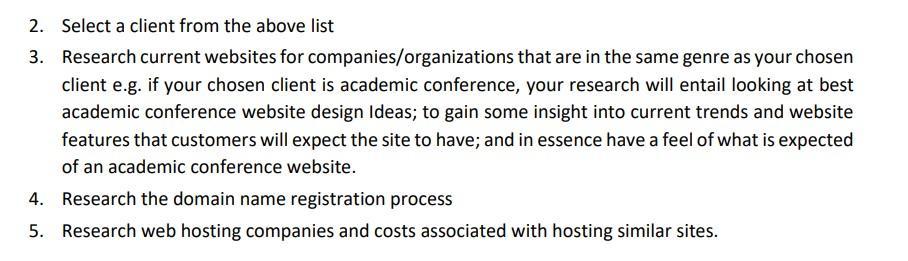 2. Select a client from the above list 3. Research current websites for companies/organizations that are in the same genre as