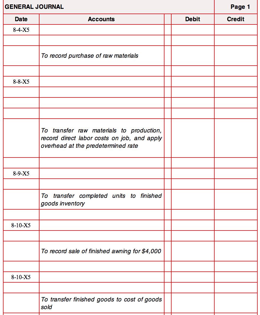 GENERAL JOURNAL Page 1 Date Accounts Debit Credit 8-4-X5 To record purchase of raw materials 8-8-X5 To transfer raw materials