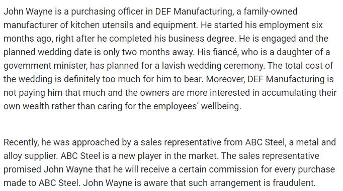 John Wayne is a purchasing officer in DEF Manufacturing, a family-owned manufacturer of kitchen utensils and equipment. He st