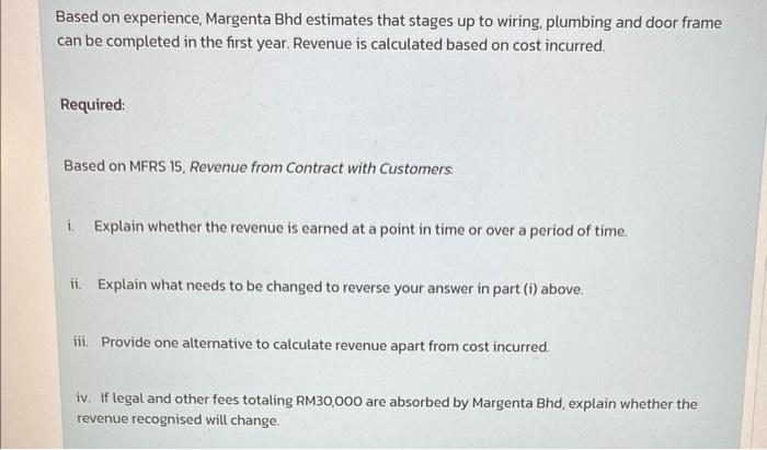 Based on experience, Margenta Bhd estimates that stages up to wiring, plumbing and door frame can be completed in the first y