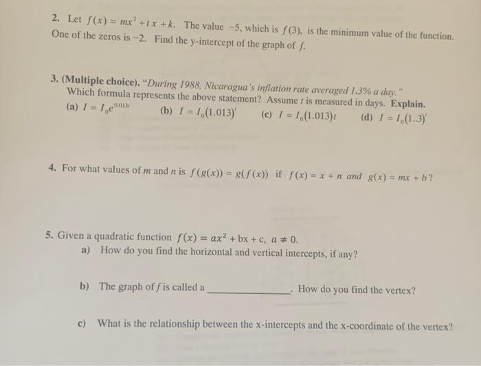 2. Let ( f(x)=m x^{2}+t x+k ). The value ( -5 ), which is ( f(3) ), is the minimum value of the function. One of the ze