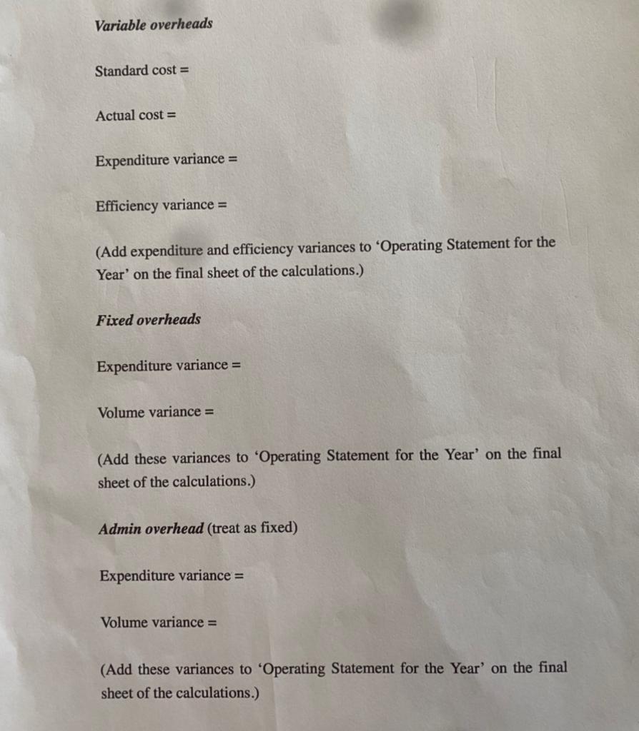 Variable overheads Standard cost \( = \) Actual \( \operatorname{cost}= \) Expenditure variance \( = \) Efficiency variance \