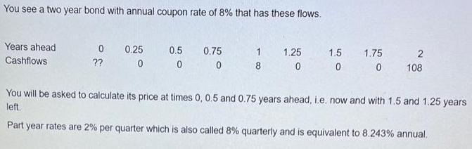 You see a two year bond with annual coupon rate of 8% that has these flows. Years ahead Cashflows 0 0.25 ?? 0