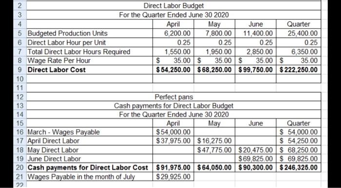 1 Direct Labor Budget For the Quarter Ended June 30 2020 April May 5 Budgeted Production Units 6,200.00 7,800.00 6 Direct Lab