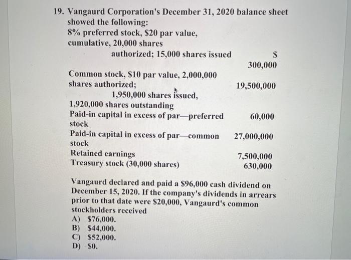 19. Vangaurd Corporations December 31, 2020 balance sheet showed the following: 8% preferred stock, $20 par value, cumulativ