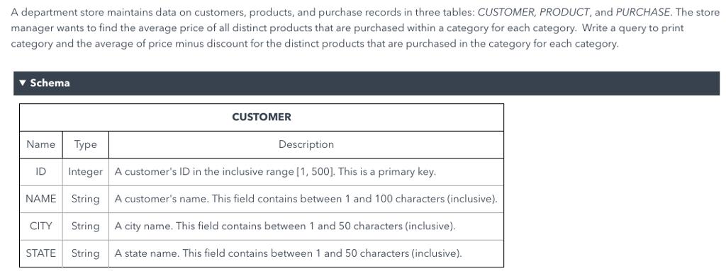 A department store maintains data on customers, products, and purchase records in three tables: CUSTOMER, PRODUCT, and PURCHASE. The store manager wants to find the average price of all distinct products that are purchased within a category for each category. Write a query to print category and the average of price minus discount for the distinct products that are purchased in the category for each category. Schema CUSTOMER Name Type Description ID Integer A customers ID in the inclusive range [1, 500]. This is a primary key NAME String A customers name. This field contains between 1 and 100 characters (inclusive). CITY String A city name. This field contains between 1 and 50 characters (inclusive). STATE String A state name. This field contains between 1 and 50 characters (inclusive)