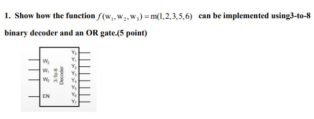 1. Show how the function ( fleft(mathrm{w}_{1}, mathrm{w}_{2}, mathrm{w}_{3}right)=mathrm{m}(1,2,3,5,6) ) can be impl