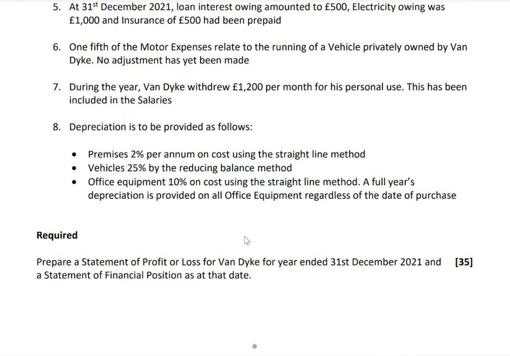 5. At ( 31^{text {st }} ) December 2021 , loan interest owing amounted to ( £ 500 ), Electricity owing was ( £ 1,000 )