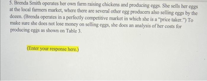 5. Brenda Smith operates her own farm raising chickens and producing eggs. She sells her eggs at the local farmers market, wh