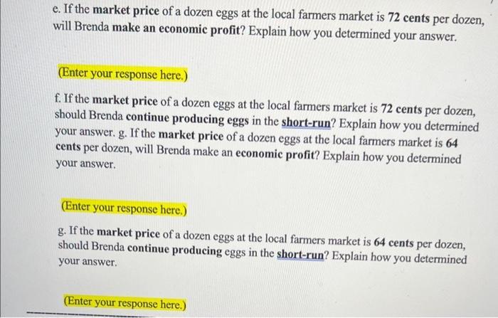 e. If the market price of a dozen eggs at the local farmers market is 72 cents per dozen, will Brenda make an economic profit