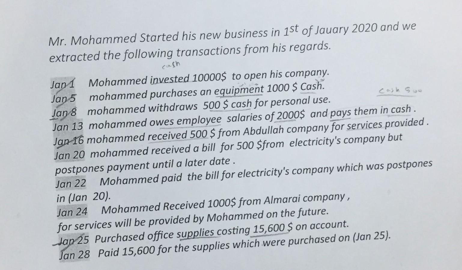Mr. Mohammed Started his new business in ( 1^{text {st }} ) of Jauary 2020 and we extracted the following transactions fro