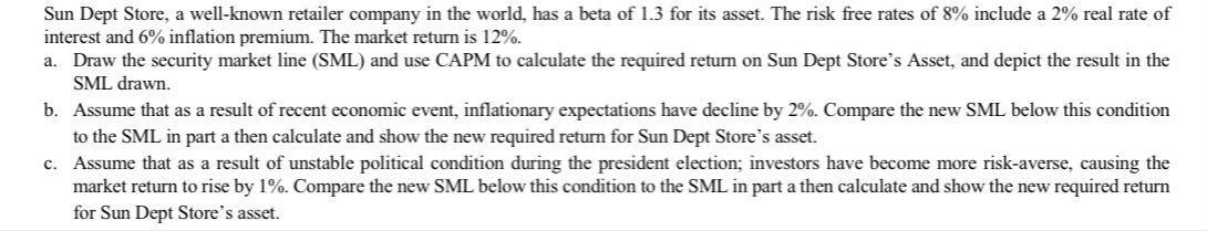 Sun Dept Store, a well-known retailer company in the world, has a beta of ( 1.3 ) for its asset. The risk free rates of (
