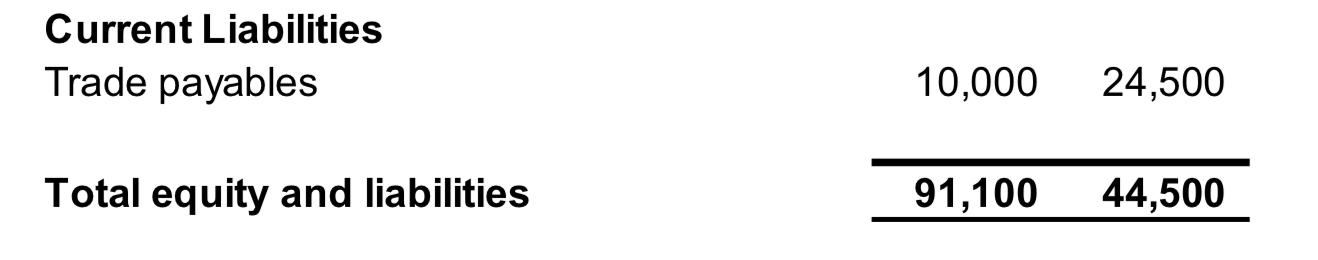 Current Liabilities Trade payables 10,000 24,500 Total equity and liabilities 91,100 44,500