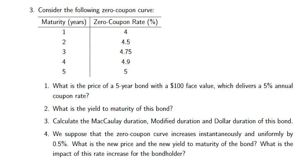 3. Consider the following zero-coupon curve: 1. What is the price of a 5-year bond with a ( $ 100 ) face value, which deli