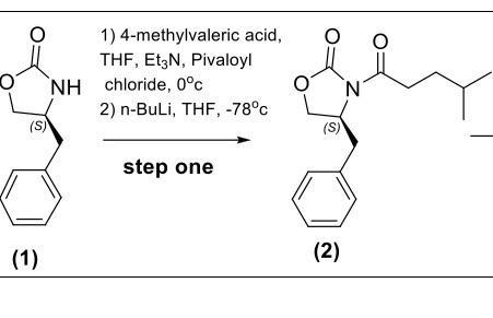 1) 4-methylvaleric acid, THF, ( mathrm{Et}_{3} mathrm{~N} ), Pivaloyl chloride, ( 0^{circ} mathrm{C} ) 2) n-BuLi, THF