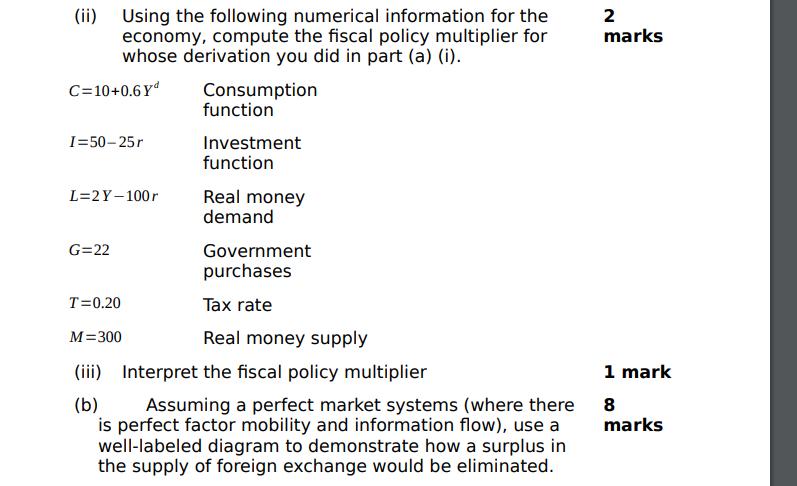 (ii) Using the following numerical information for the economy, compute the fiscal policy multiplier for