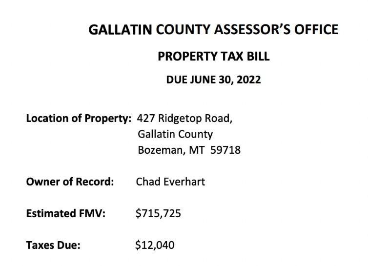 GALLATIN COUNTY ASSESSORS OFFICE PROPERTY TAX BILL DUE JUNE 30, 2022 Location of Property: 427 Ridgetop Road, Gallatin Count