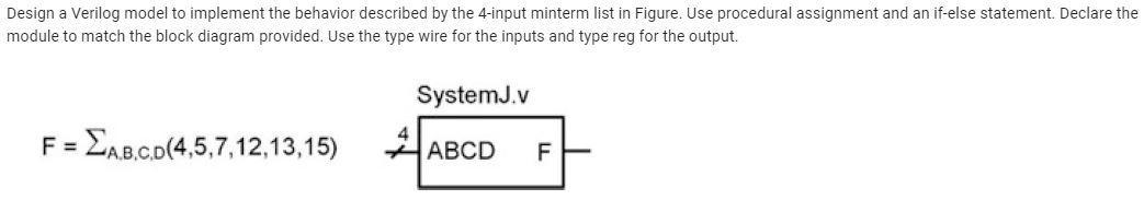 Design a Verilog model to implement the behavior described by the 4-input minterm list in Figure. Use procedural assignment a