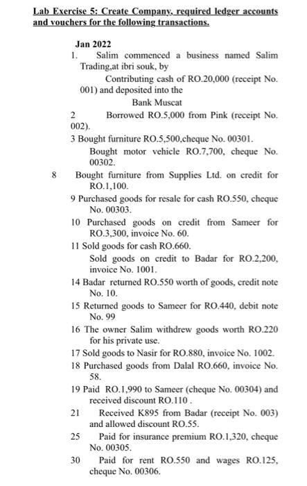 b Exercise 5: Create Company, required ledger accounts d vouchers for the following transactions. Jan 2022 1. Salim commenced