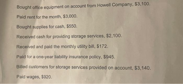 Bought office equipment on account from Howell Company, ( $ 3,100 ). Paid rent for the month, ( $ 3,000 ). Bought suppl