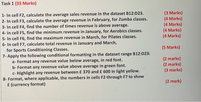 1- In cell F2, calculate the average sales revenue in the dataset B12:D23. (3 Marks) 2- In cell F3, calculate the average rev