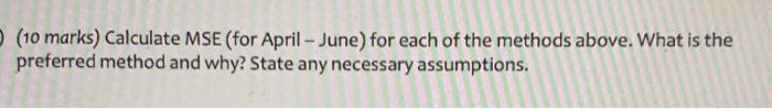 (10 marks) Calculate MSE (for April - June) for each of the methods above. What is the preferred method and why? State any ne