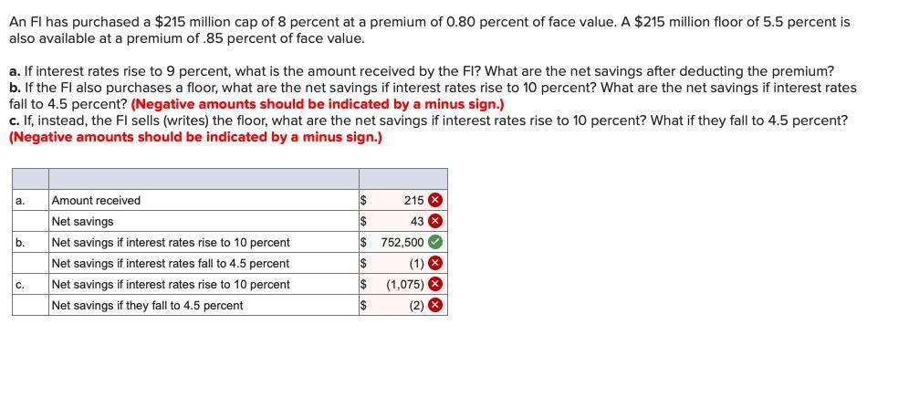 An FI has purchased a ( $ 215 ) million cap of 8 percent at a premium of ( 0.80 ) percent of face value. A ( $ 215 )