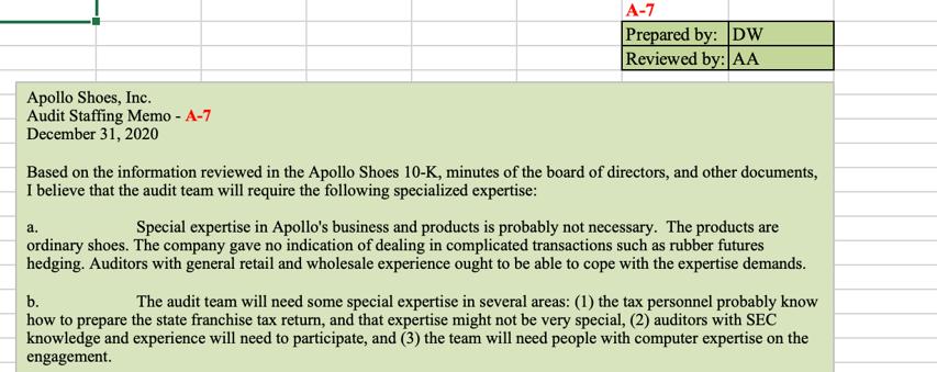 Apollo Shoes, Inc. Audit Staffing Memo - A-7 December 31, 2020 A-7 Prepared by: DW Reviewed by: AA Based on