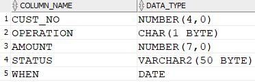 begin{tabular}{l|l} hline i. COLUMN_NAME & ₹N DATA_TYPE  hline 1 CUST_NO & NUMBER ( (4,0) )  2 OPERATION & CHAR ( (