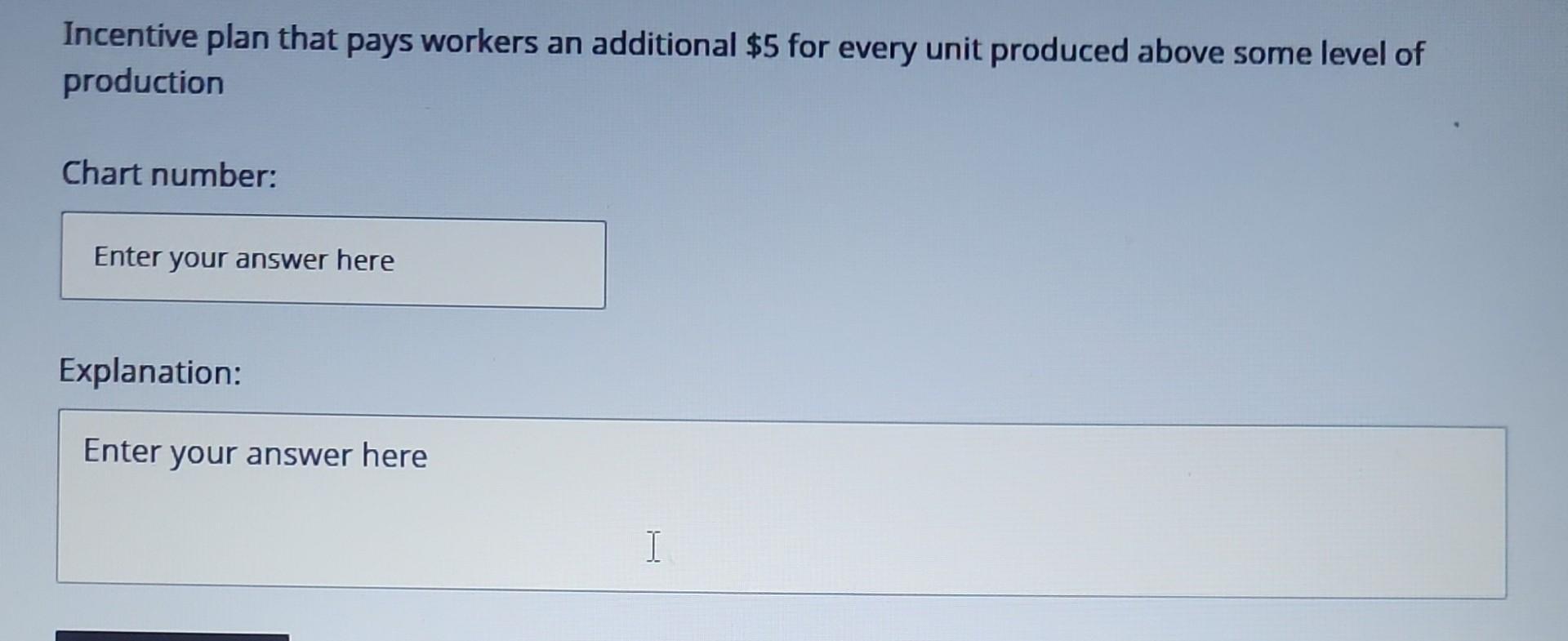 Incentive plan that pays workers an additional ( $ 5 ) for every unit produced above some level of productionChart number