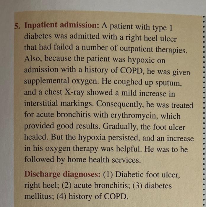 5. Inpatient admission: A patient with type 1 diabetes was admitted with a right heel ulcer that had failed a number of outpa