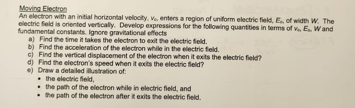 Moving Electron An electron with an initial horizontal velocity, ( v_{0} ), enters a region of uniform electric field, ( E