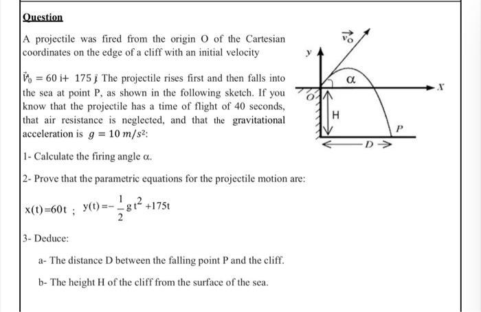 Question A projectile was fired from the origin ( mathrm{O} ) of the Cartesian coordinates on the edge of a cliff with an