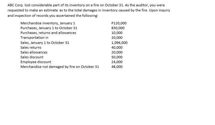 ABC Corp. lost considerable part of its inventory on a fire on October 31. As the auditor, you were requested