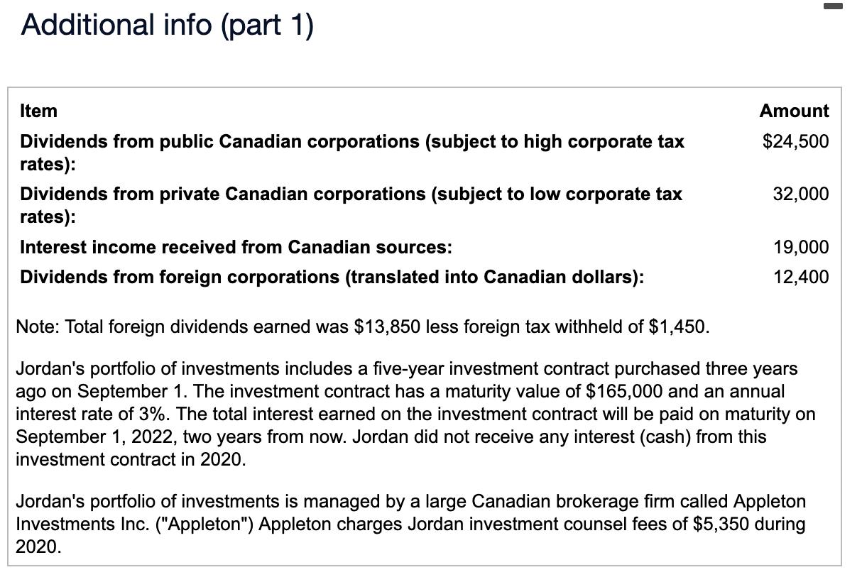 Additional info (part 1) begin{tabular}{ll} hline Item & Amount  Dividends from public Canadian corporations (subject to