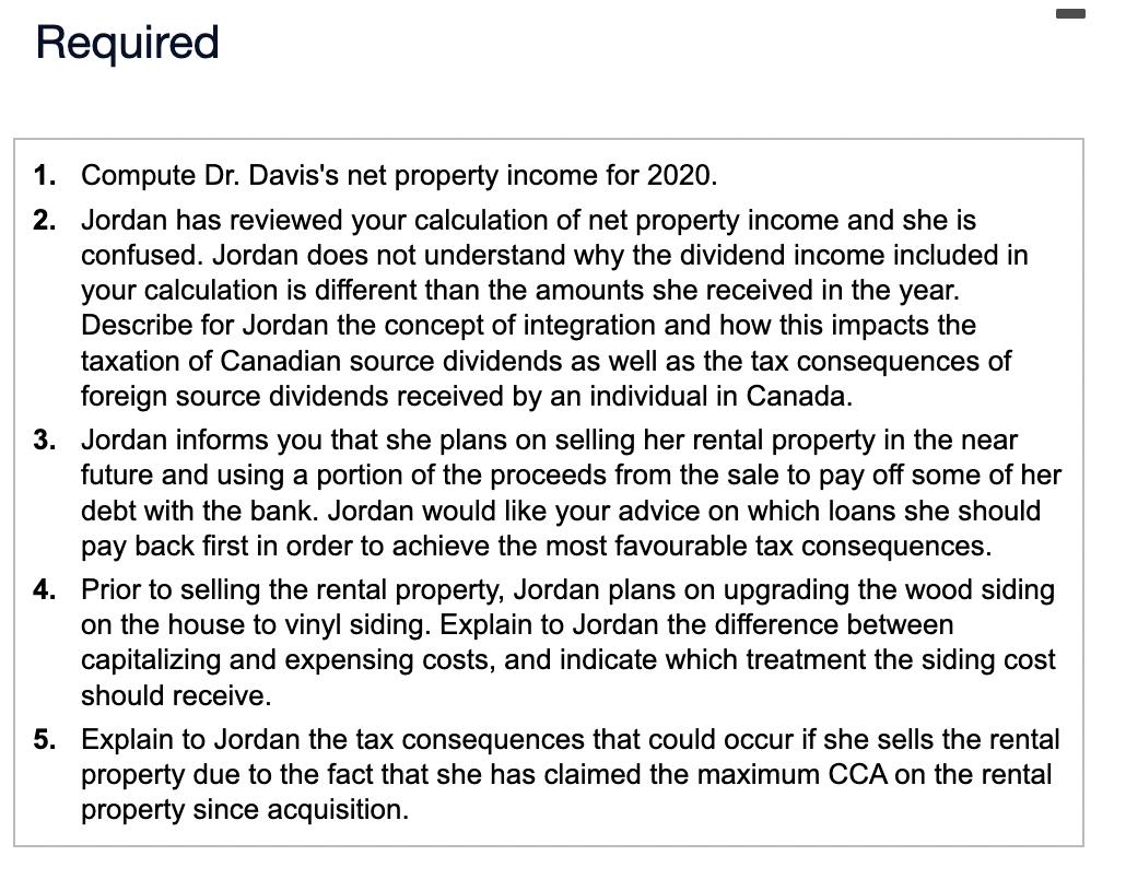 1. Compute Dr. Daviss net property income for 2020 . 2. Jordan has reviewed your calculation of net property income and she