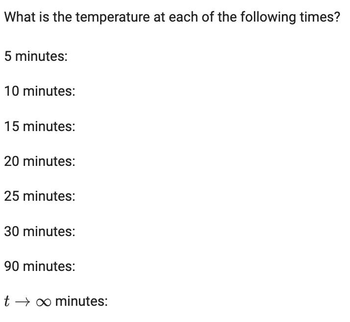 What is the temperature at each of the following times? 5 minutes: 10 minutes: 15 minutes: 20 minutes: 25 minutes: 30 minutes