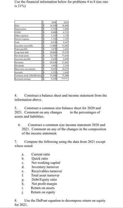 Use the financial information below for problems 4 to 8 (tax rate is ( 21 % ) 4. Construct a balance sheet and income stat