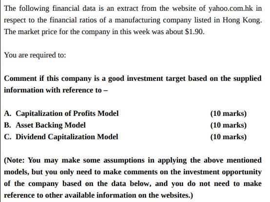 The following financial data is an extract from the website of yahoo.com.hk in respect to the financial