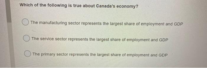 Which of the following is true about Canadas economy? The manufacturing sector represents the largest share of employment an