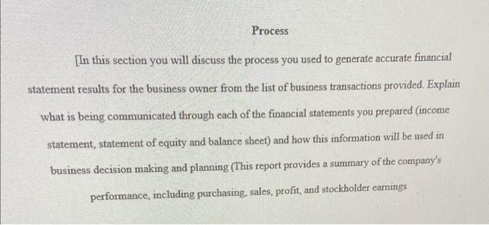 Process[In this section you will discuss the process you used to generate accurate financial statement results for the busin