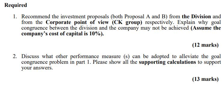 1. Recommend the investment proposals (both Proposal A and B) from the Division and from the Corporate point of view (CK grou
