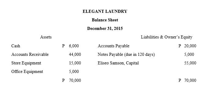 Assets ELEGANT LAUNDRY Balance Sheet December 31, 2015 Liabilities & Owners Equity P 6,000 Accounts Payable P 20,000 44,000