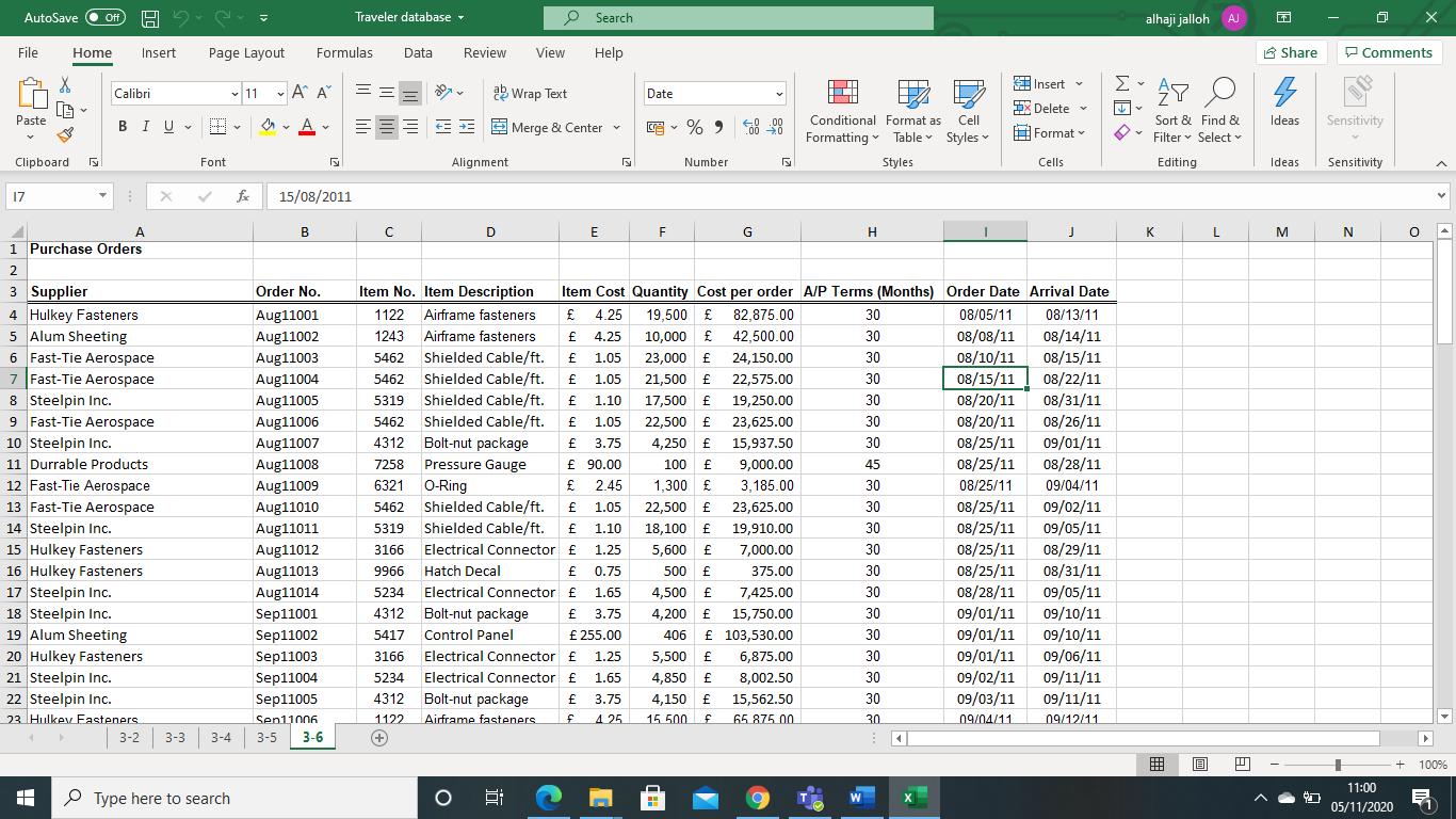 AutoSave Off bv alv Traveler database Search alhaji jalloh AJ File Home Insert Page Layout Formulas Data Review View Help Sha