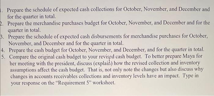Prepare the schedule of expected cash collections for October, November, and December and for the quarter in total. 2. Prepar