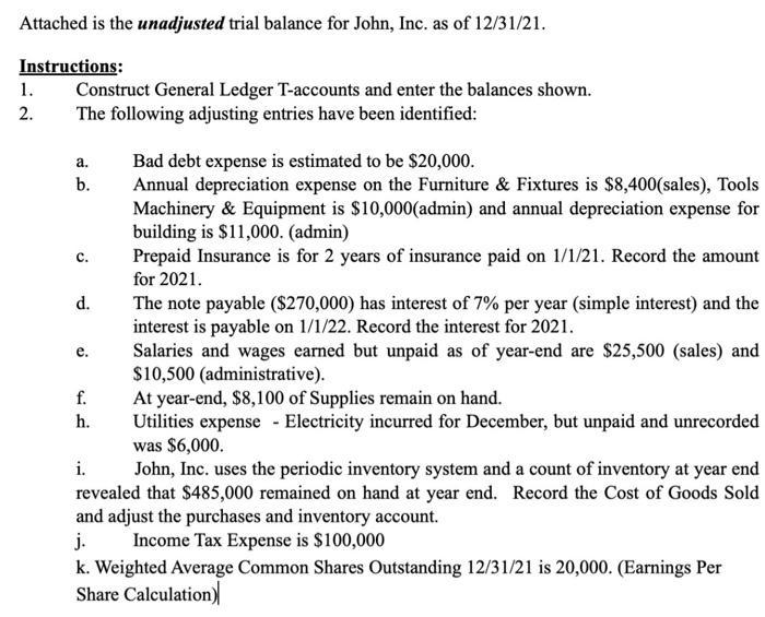 Attached is the unadjusted trial balance for John, Inc. as of ( 12 / 31 / 21 )instructions:Construct General Ledger T-acc